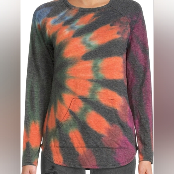 No Boundaries Tops - Tie Dye Raglan Long Sleeve Tee - No Boundaries Juniors 3X (21) Grey Orange Green